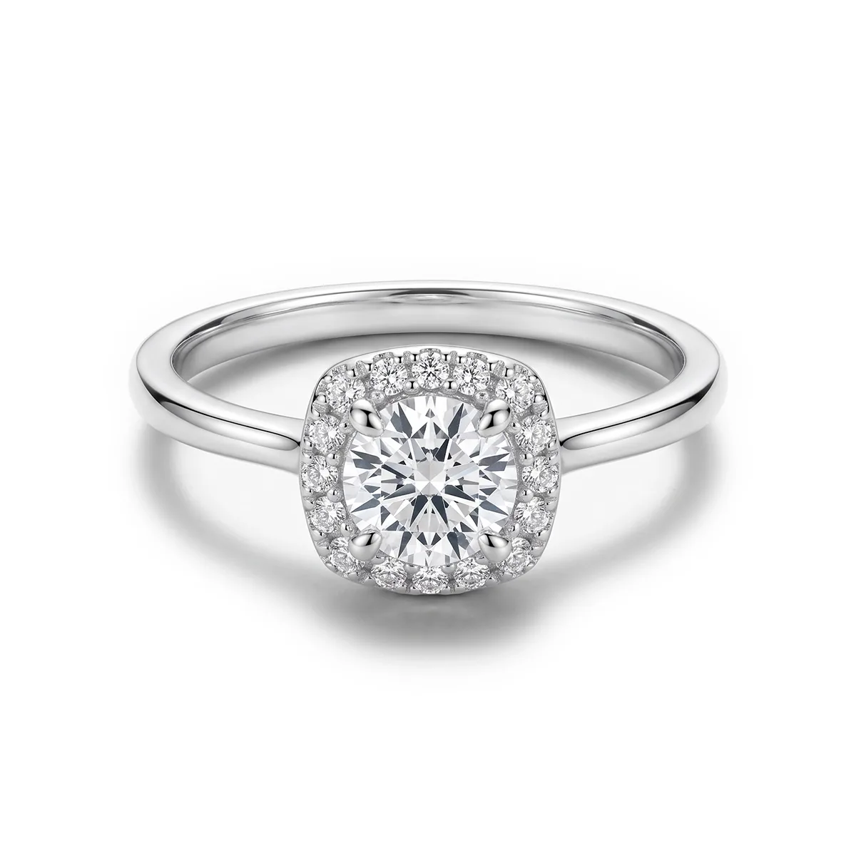 Anillo de compromiso halo cuadrado, con diamante de laboratorio central redondo de 0.50Ct y decoración en diamantes de laboratorio, en plata ley 925, rodinado, liso - Colección Sueños