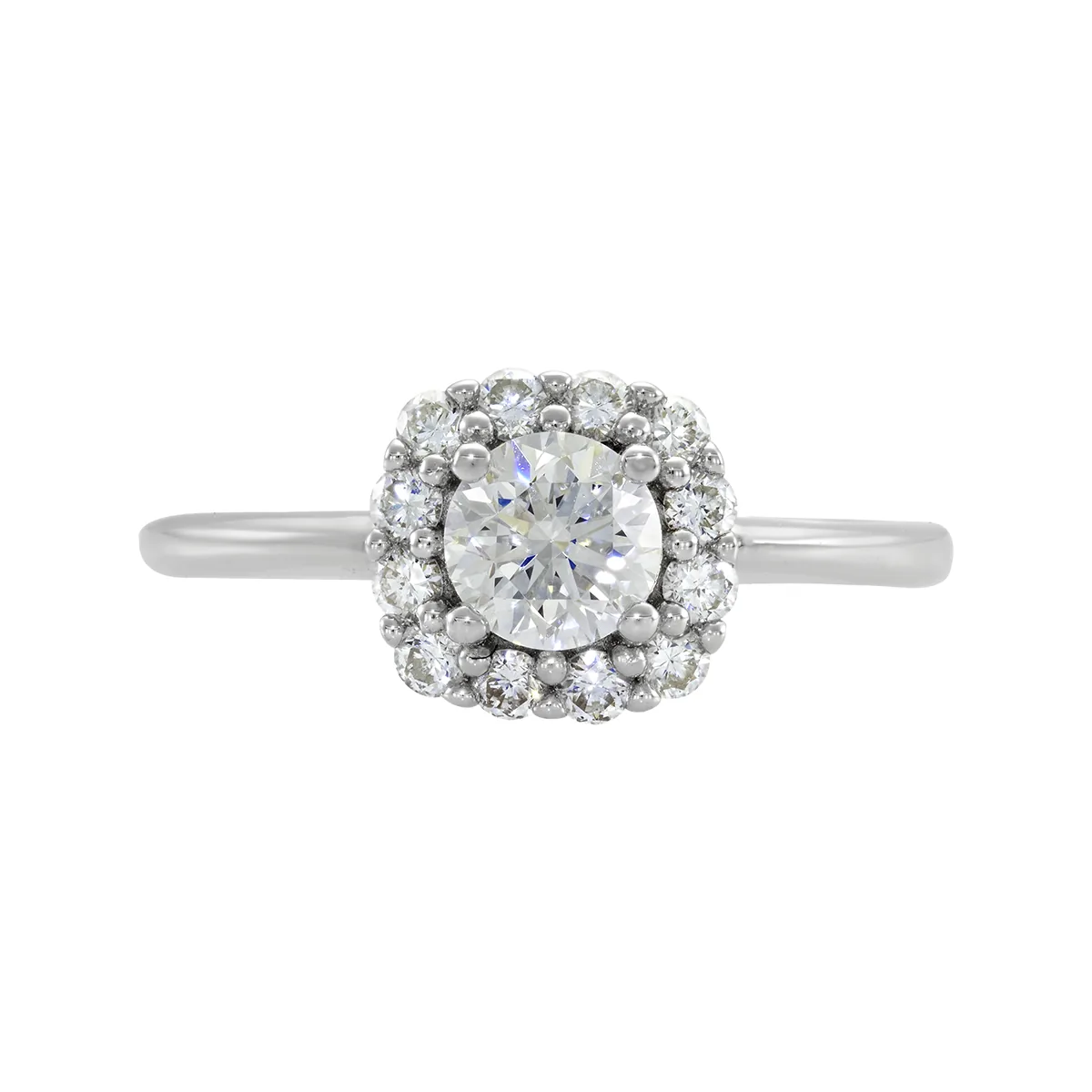 Anillo de compromiso halo cuadrado, con diamante de laboratorio central redondo de 0.50Ct y decoración en diamantes de laboratorio, en plata ley 925, rodinado, liso - Colección Sueños