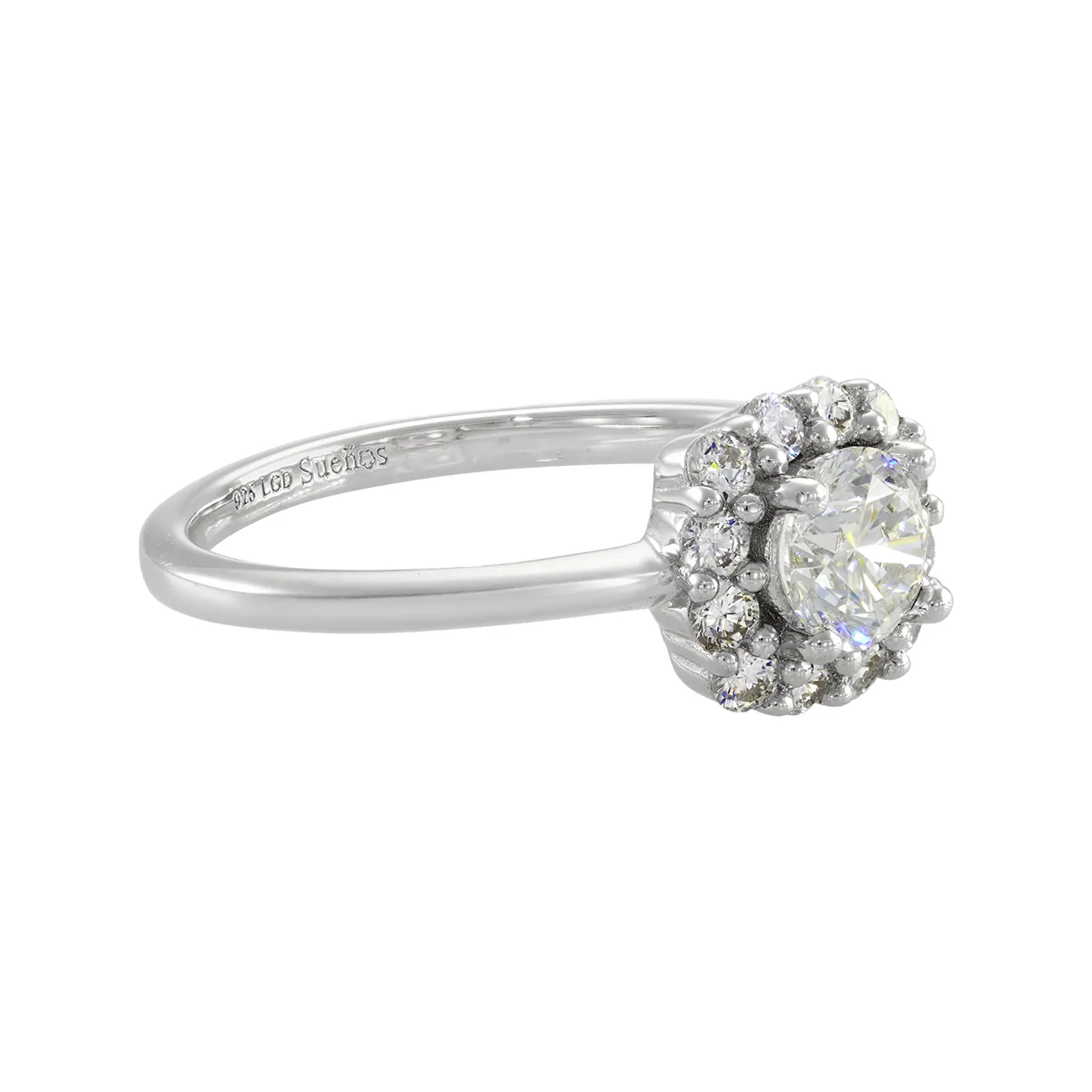 Anillo de compromiso halo cuadrado, con diamante de laboratorio central redondo de 0.50Ct y decoración en diamantes de laboratorio, en plata ley 925, rodinado, liso - Colección Sueños