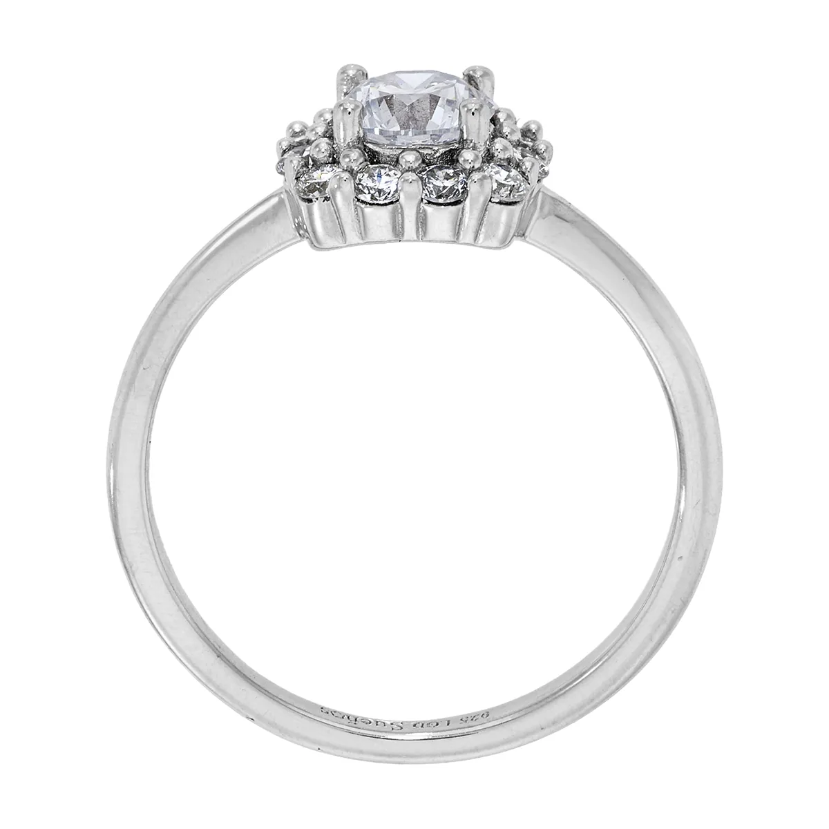 Anillo de compromiso halo cuadrado, con diamante de laboratorio central redondo de 0.50Ct y decoración en diamantes de laboratorio, en plata ley 925, rodinado, liso - Colección Sueños