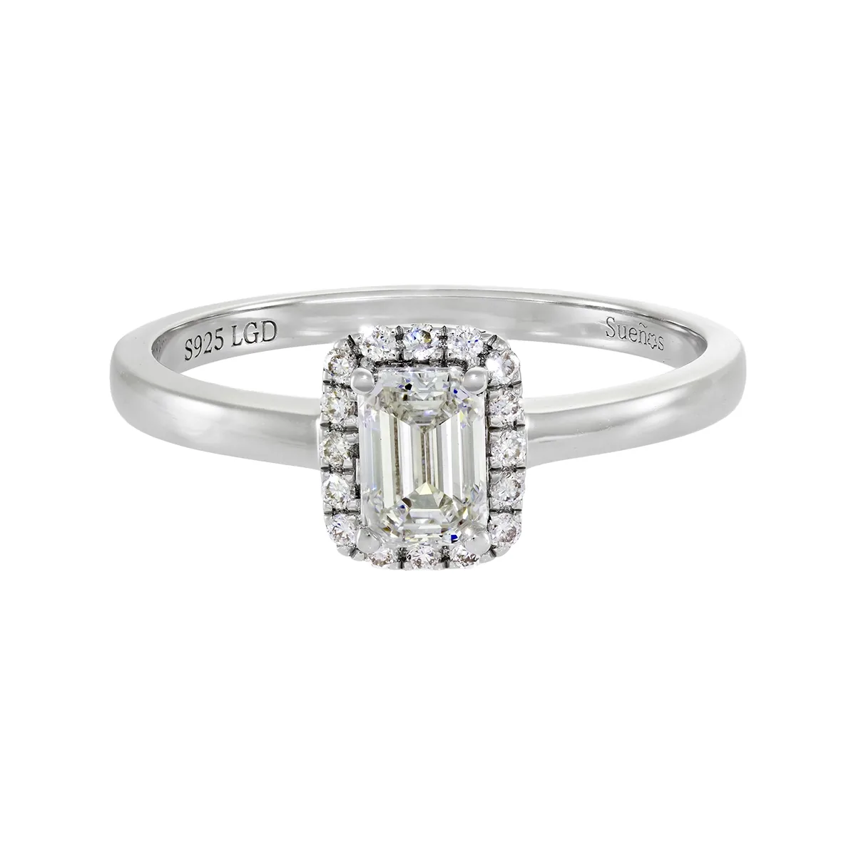 Anillo de compromiso halo rectangular, con diamante de laboratorio central corte esmeralda de 0.50Ct y decoración en diamantes de laboratorio, en plata ley 925, rodinado - Colección Sueños