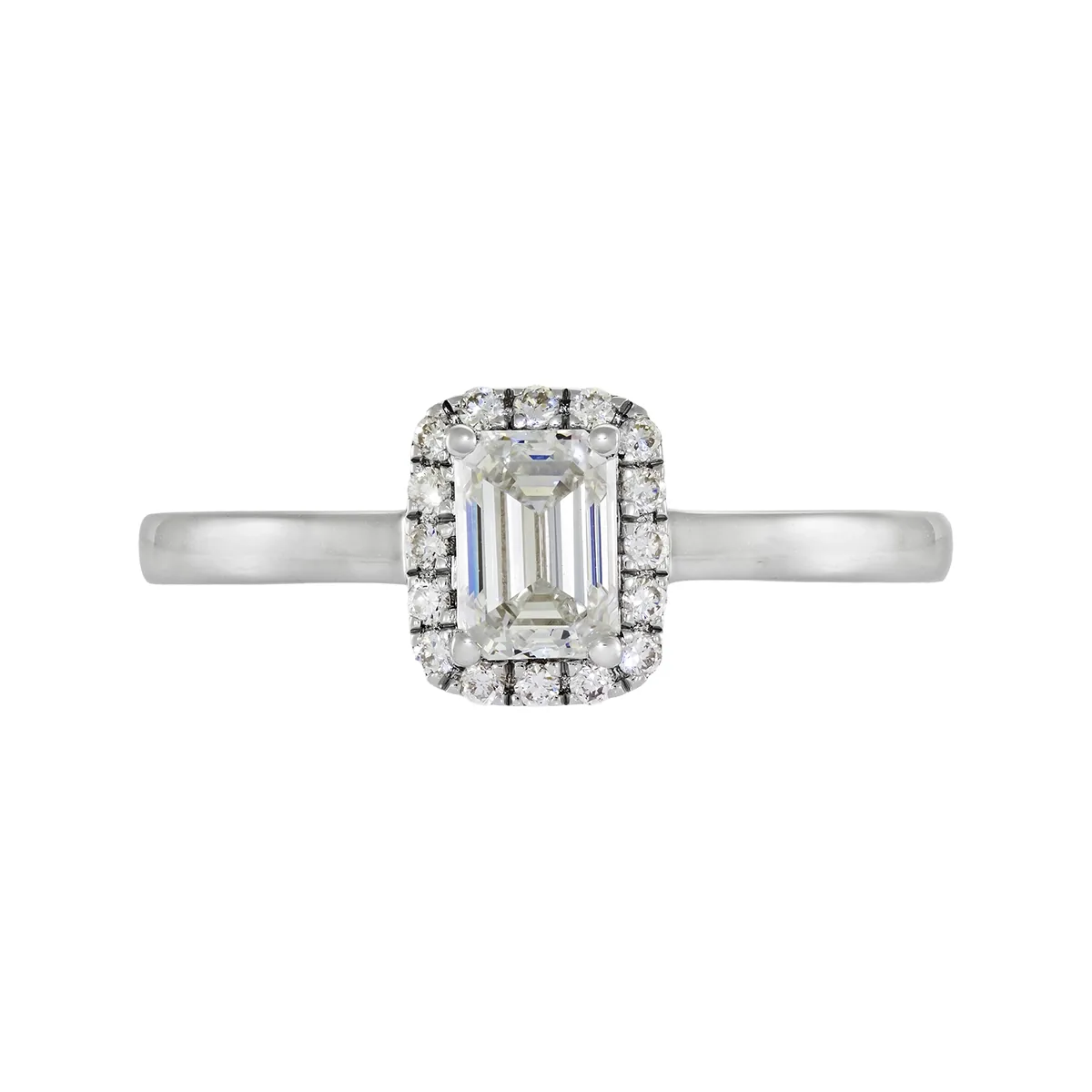 Anillo de compromiso halo rectangular, con diamante de laboratorio central corte esmeralda de 0.50Ct y decoración en diamantes de laboratorio, en plata ley 925, rodinado - Colección Sueños