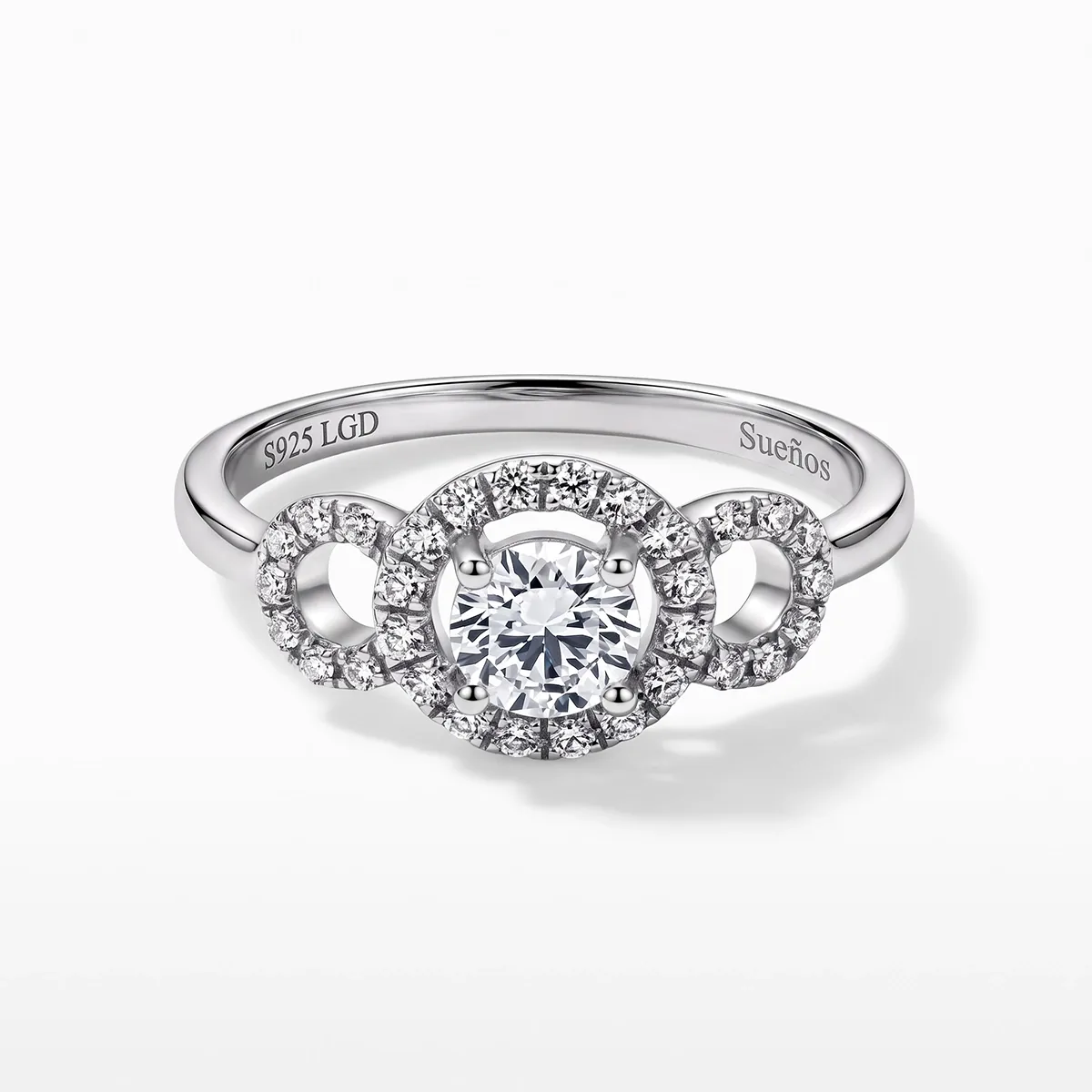 Anillo de compromiso halo redondo, con diamante de laboratorio central redondo de 0.50Ct y decoración en diamantes de laboratorio, en plata ley 925, rodinado - Colección Sueños