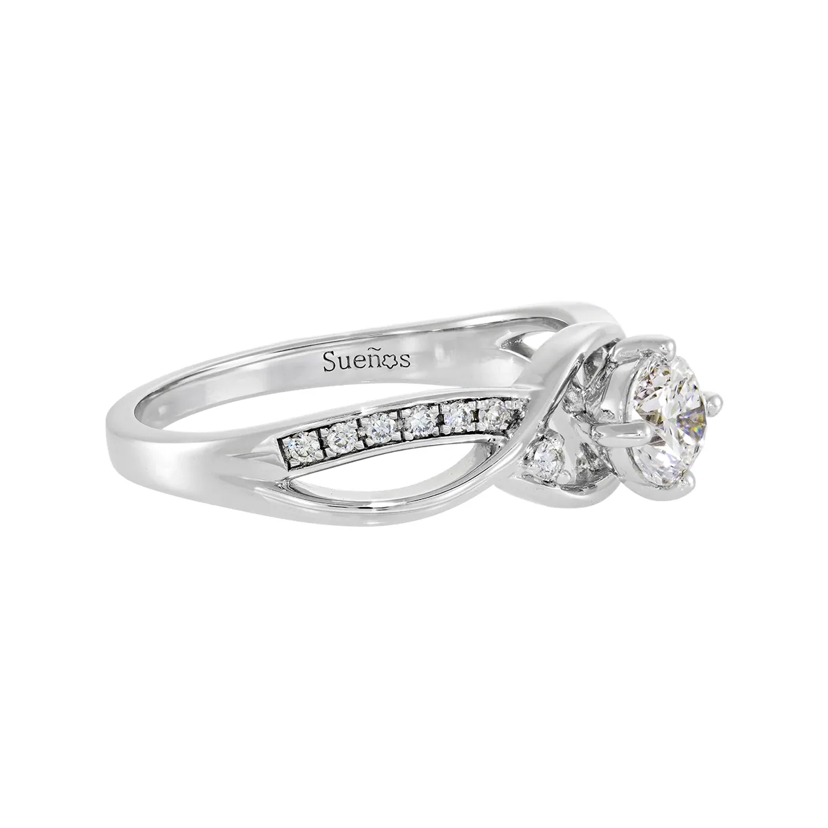 Anillo de compromiso con diamante de laboratorio central redondo de 0.50Ct y decoración en diamantes de laboratorio, en plata ley 925, rodinado - Colección Sueños