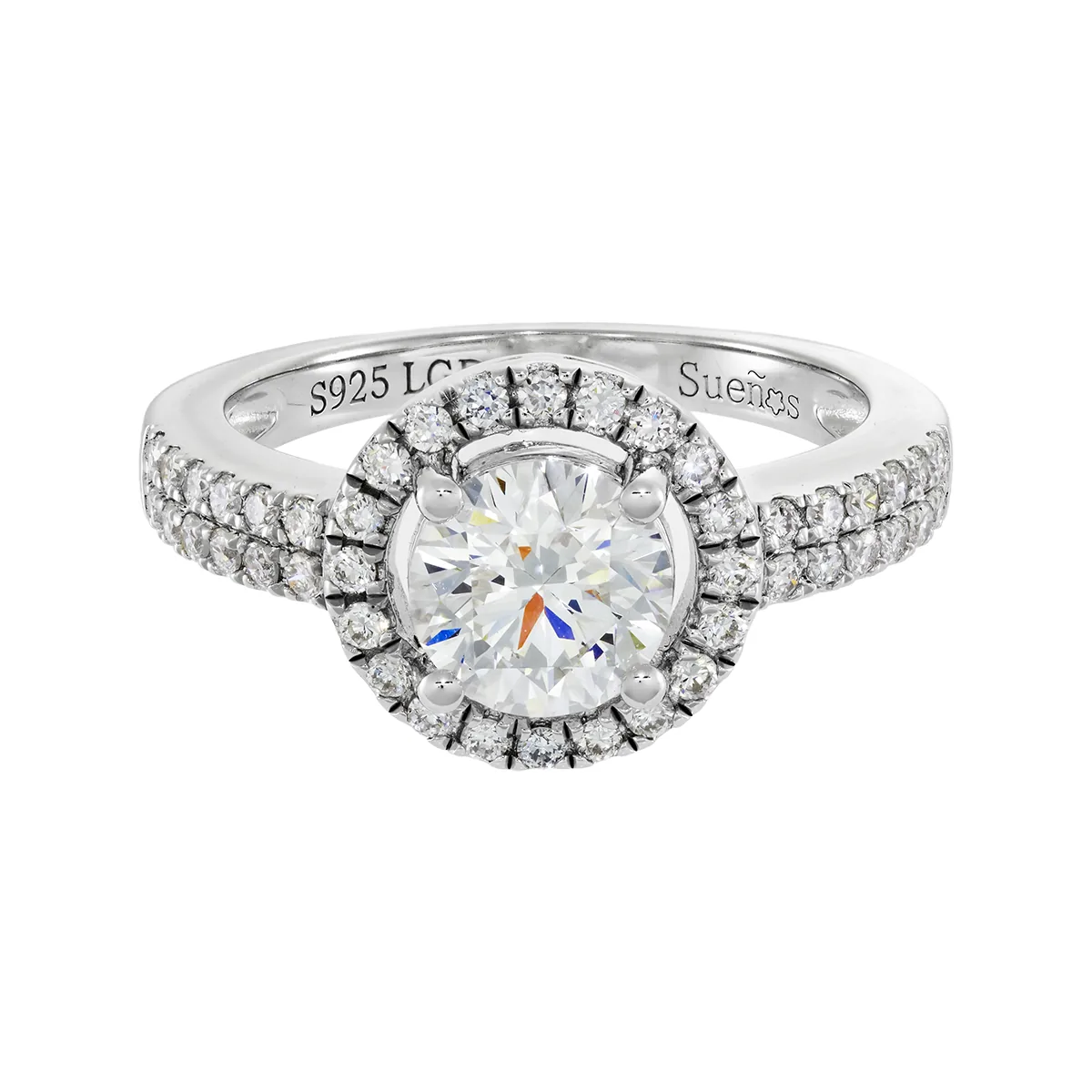 Anillo de compromiso halo redondo, con diamante de laboratorio central redondo de 1.00Ct y decoración en diamantes de laboratorio, en plata ley 925, rodinado - Colección Sueños