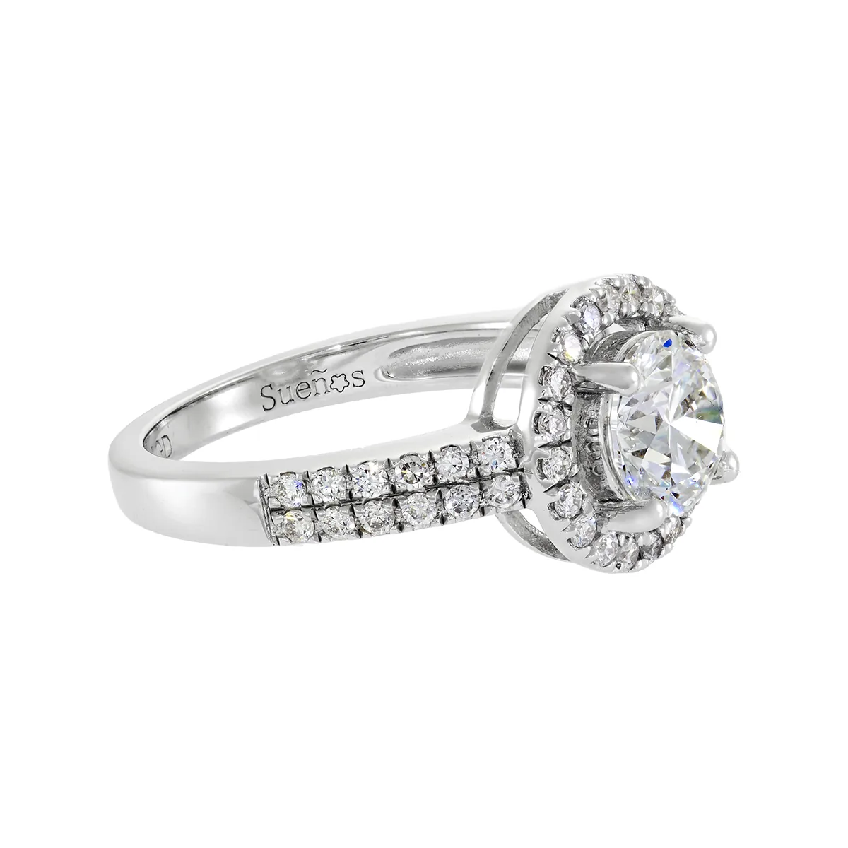 Anillo de compromiso halo redondo, con diamante de laboratorio central redondo de 1.00Ct y decoración en diamantes de laboratorio, en plata ley 925, rodinado - Colección Sueños