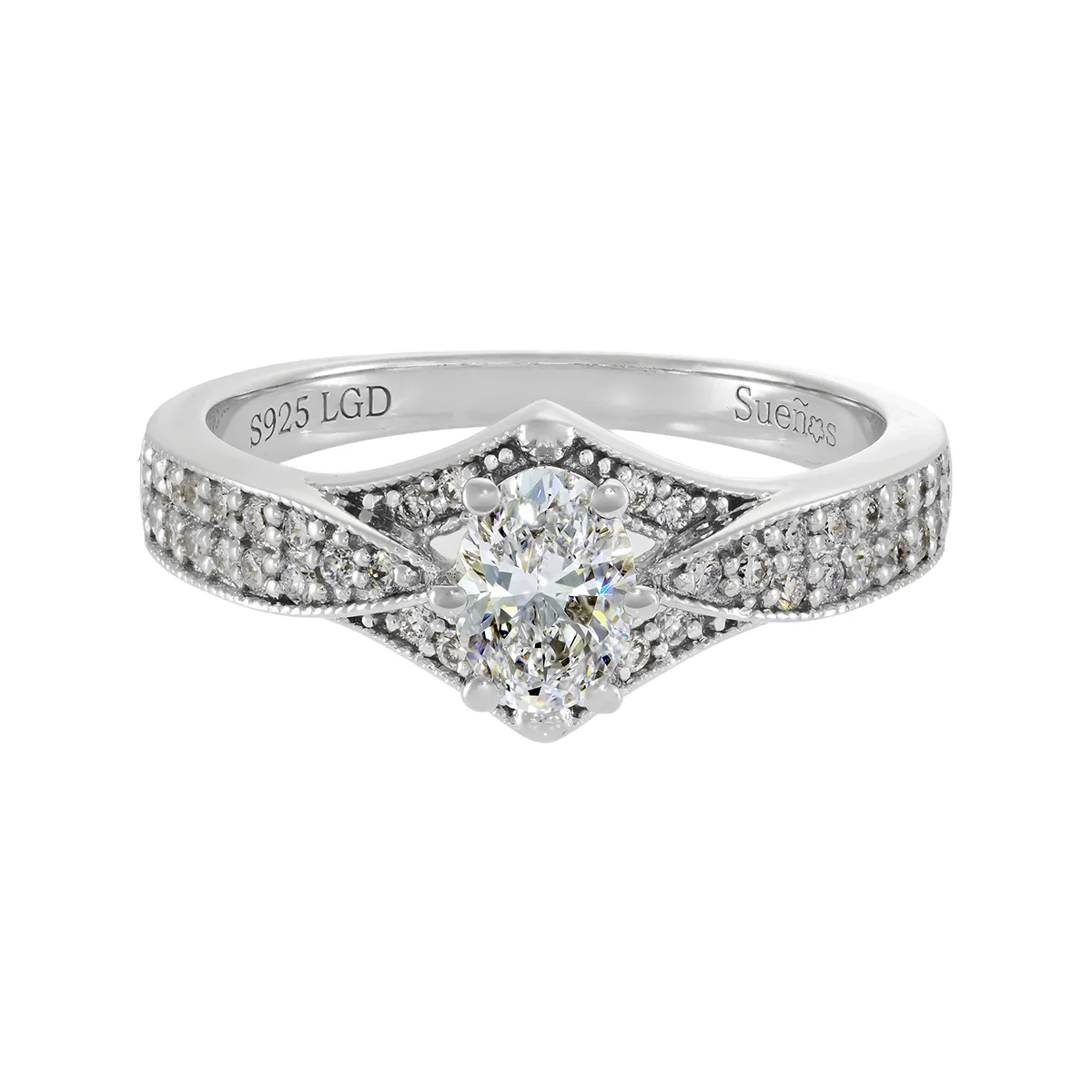 Anillo de compromiso con diamante de laboratorio central óvalo de 0.50Ct y decoración en diamantes de laboratorio, en plata ley 925, rodinado - Colección Sueños