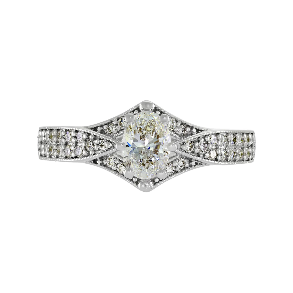 Anillo de compromiso con diamante de laboratorio central óvalo de 0.50Ct y decoración en diamantes de laboratorio, en plata ley 925, rodinado - Colección Sueños