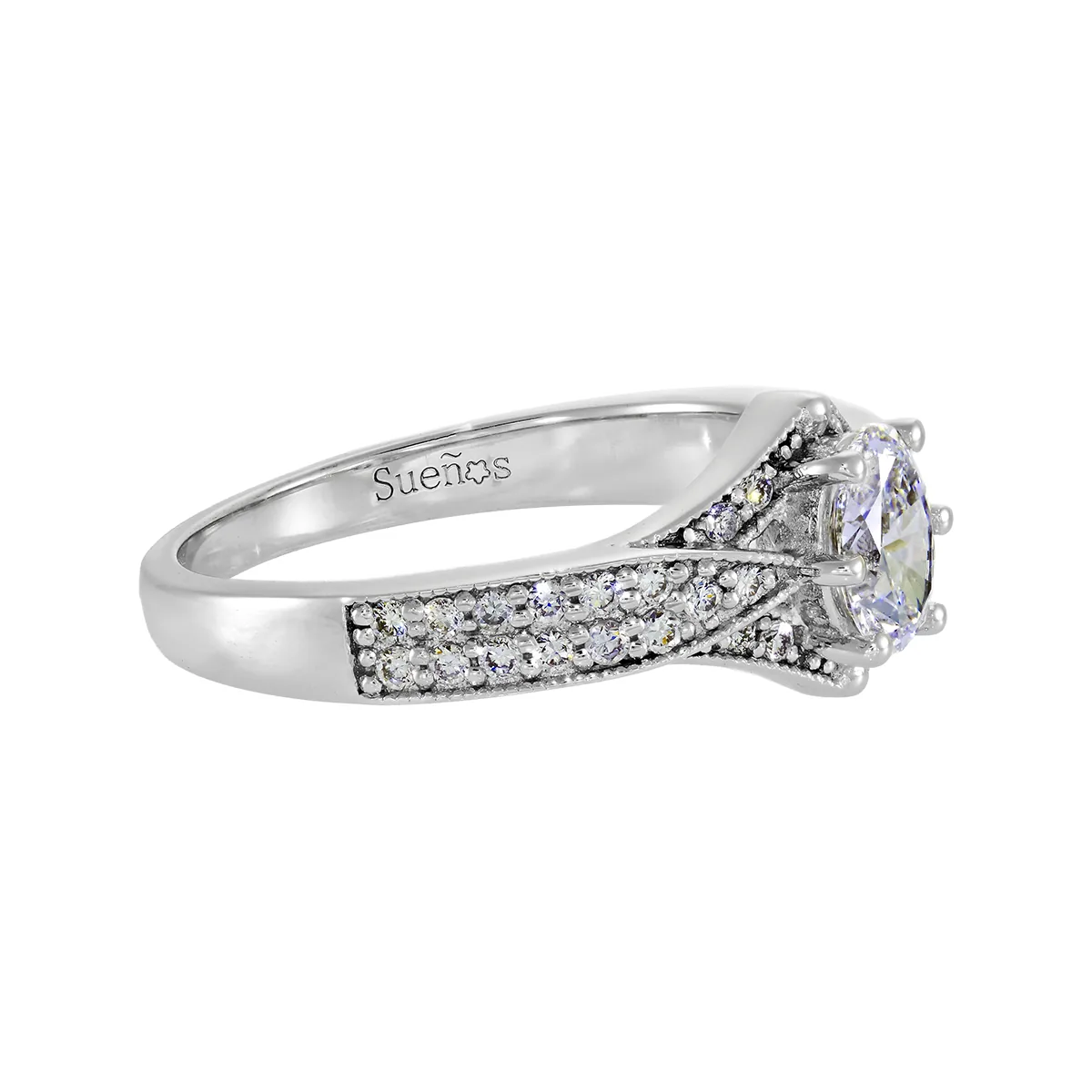 Anillo de compromiso con diamante de laboratorio central óvalo de 0.50Ct y decoración en diamantes de laboratorio, en plata ley 925, rodinado - Colección Sueños