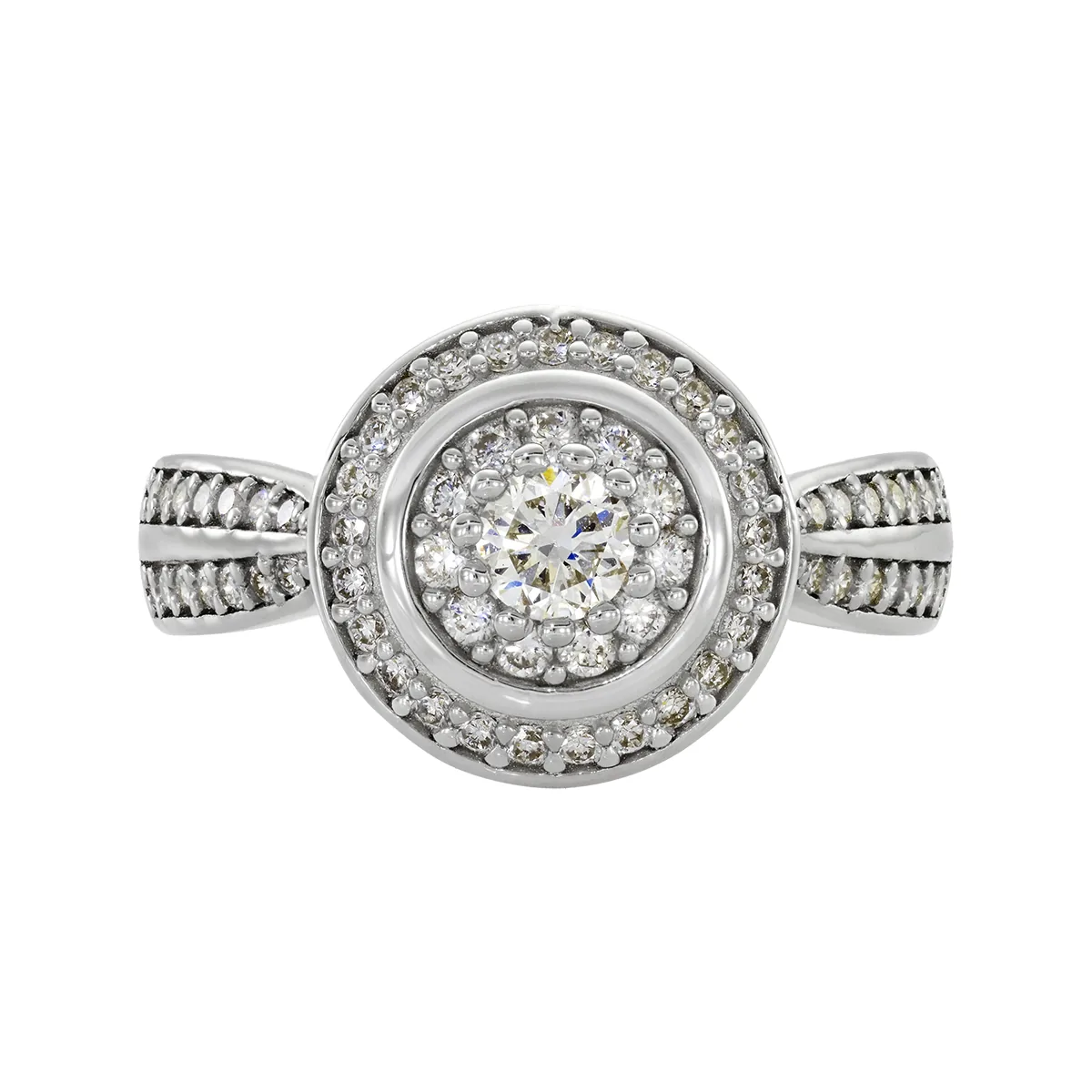 Anillo de compromiso halo redondo, con diamante de laboratorio con un peso total de 0.50Ct, en plata ley 925, rodinado - Colección Sueños