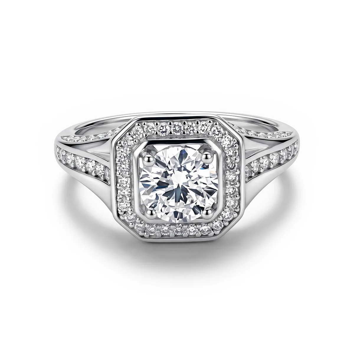 Anillo de compromiso halo cuadrado, con diamante de laboratorio central redondo de 1.00Ct y decoración en diamantes de laboratorio, en plata ley 925, rodinado - Colección Sueños