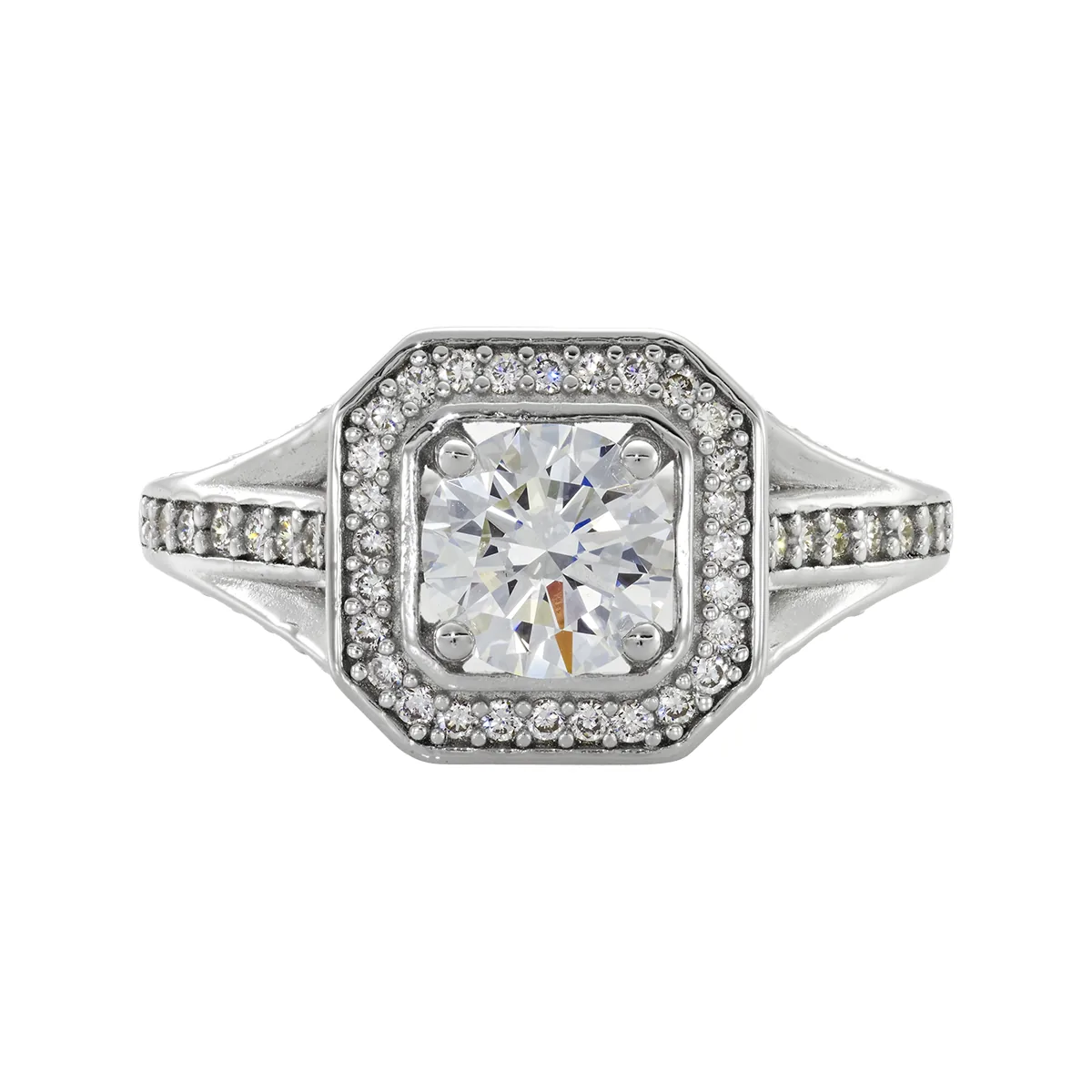 Anillo de compromiso halo cuadrado, con diamante de laboratorio central redondo de 1.00Ct y decoración en diamantes de laboratorio, en plata ley 925, rodinado - Colección Sueños