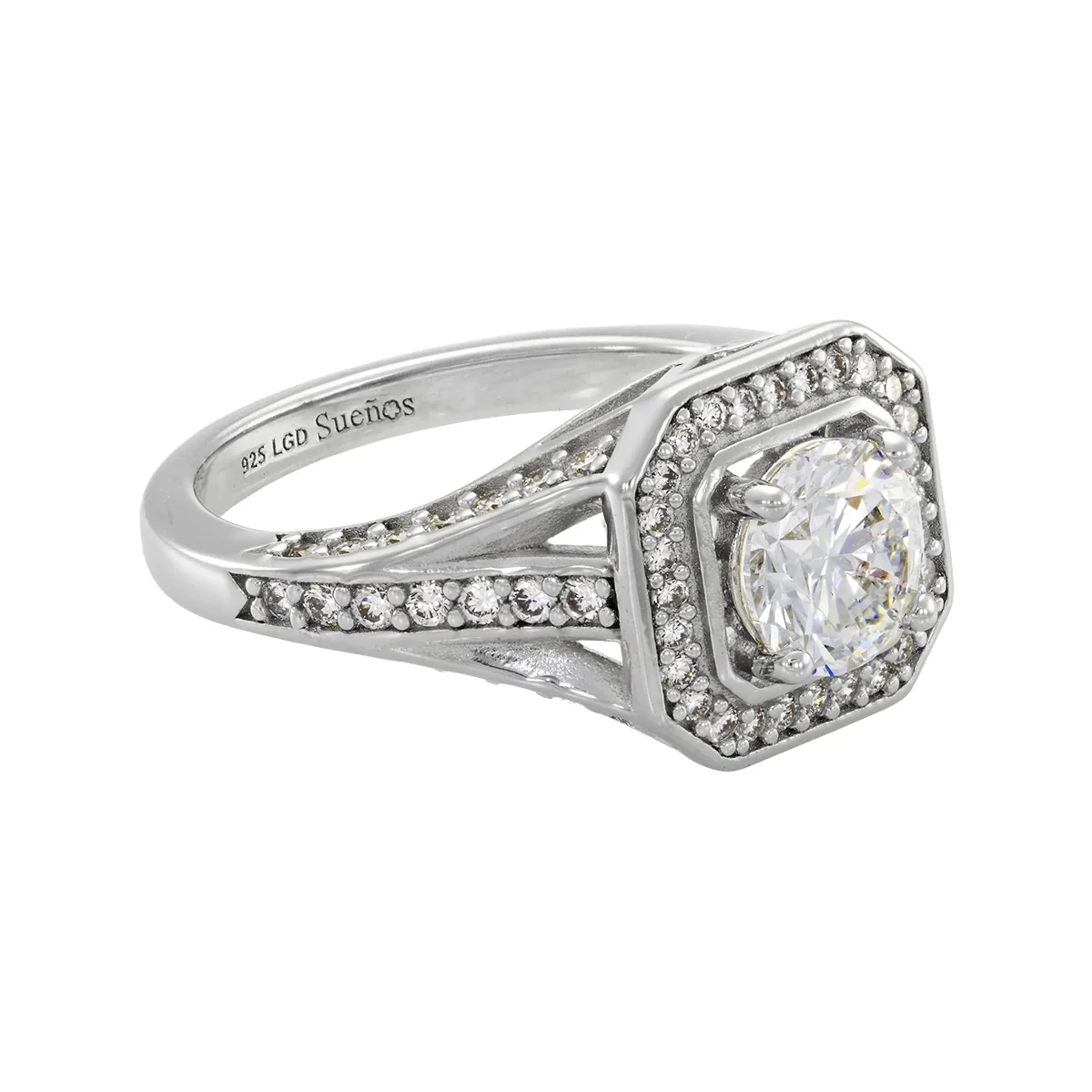 Anillo de compromiso halo cuadrado, con diamante de laboratorio central redondo de 1.00Ct y decoración en diamantes de laboratorio, en plata ley 925, rodinado - Colección Sueños