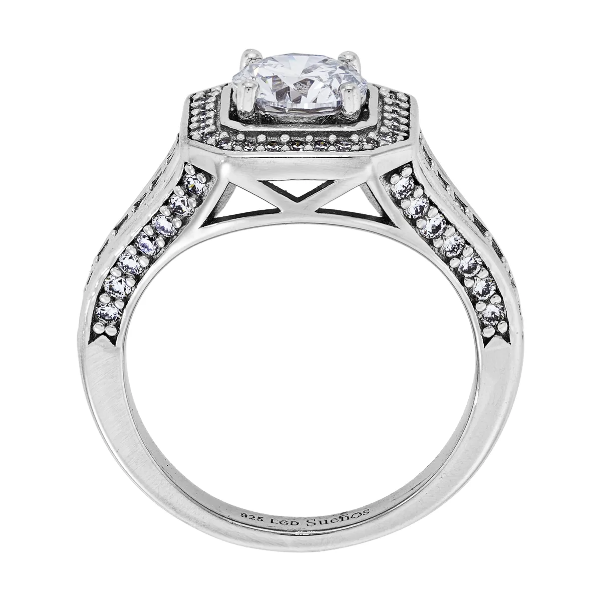 Anillo de compromiso halo cuadrado, con diamante de laboratorio central redondo de 1.00Ct y decoración en diamantes de laboratorio, en plata ley 925, rodinado - Colección Sueños