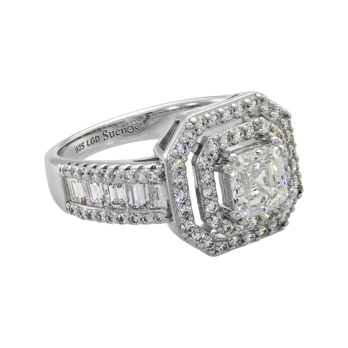 Anillo de compromiso halo doble, con diamante de laboratorio central princess de 1.00Ct y decoración en diamantes de laboratorio, en plata ley 925, rodinado - Colección Sueños