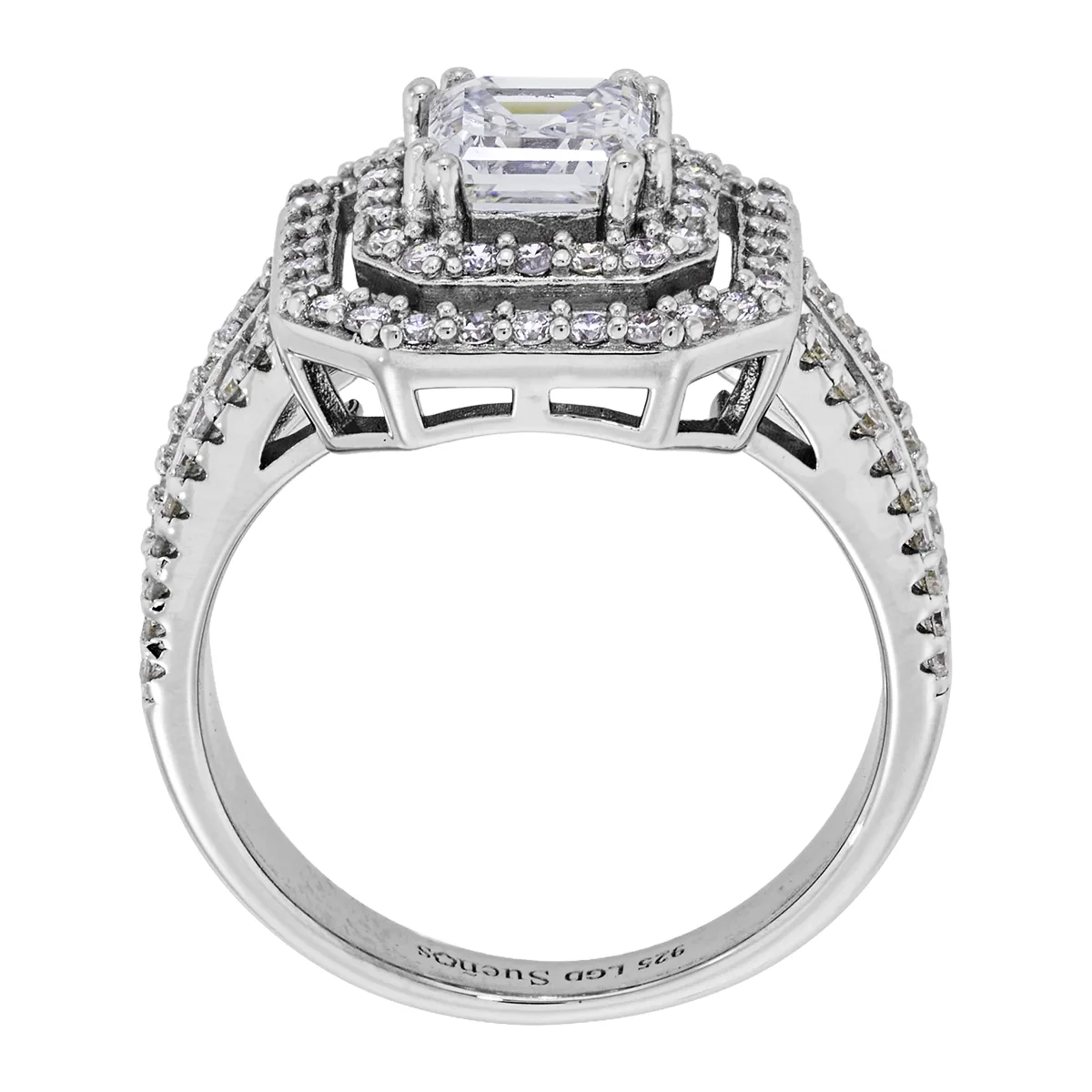 Anillo de compromiso halo doble, con diamante de laboratorio central princess de 1.00Ct y decoración en diamantes de laboratorio, en plata ley 925, rodinado - Colección Sueños
