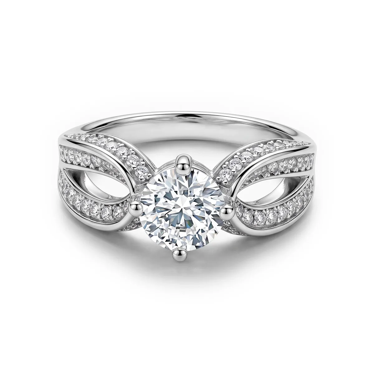 Anillo de compromiso con diamante de laboratorio central redondo de 1.00Ct y decoración en diamantes de laboratorio, en plata ley 925, rodinado - Colección Sueños