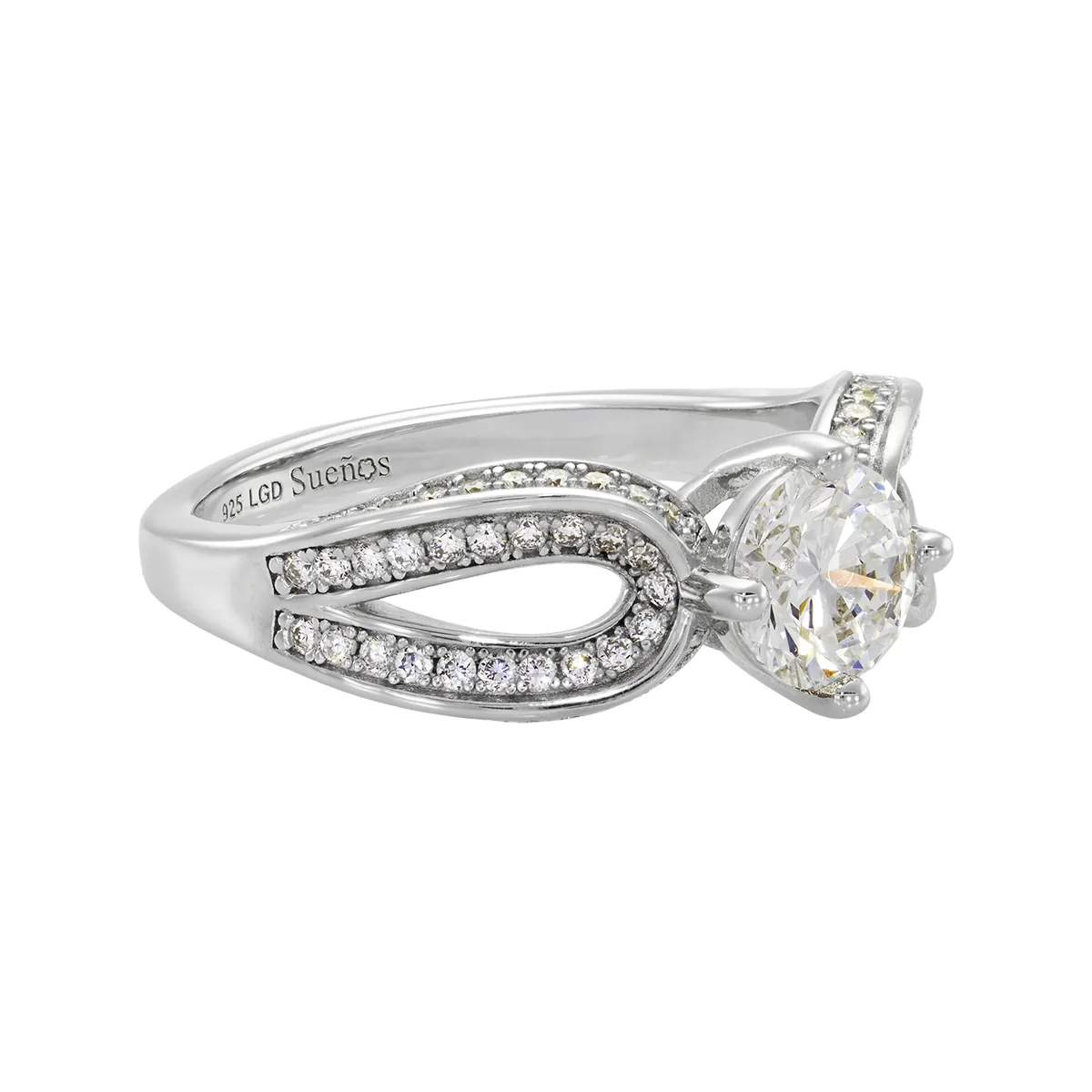 Anillo de compromiso con diamante de laboratorio central redondo de 1.00Ct y decoración en diamantes de laboratorio, en plata ley 925, rodinado - Colección Sueños