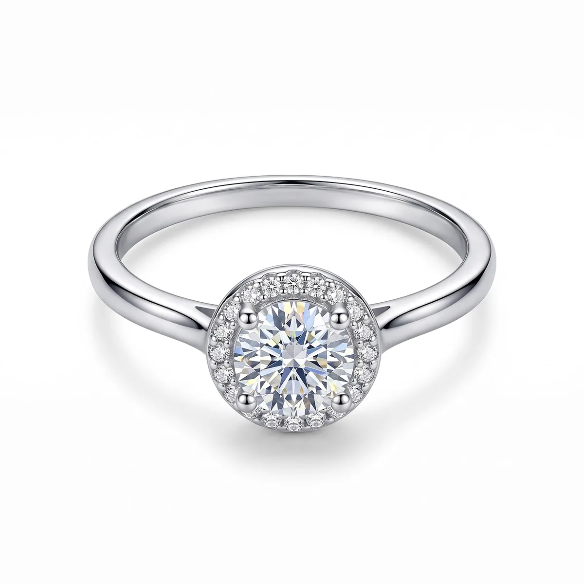 Anillo de compromiso halo redondo, con diamante de laboratorio central redondo de 0.10Ct y decoración en diamantes de laboratorio, en plata ley 925, rodinado, liso - Colección Sueños