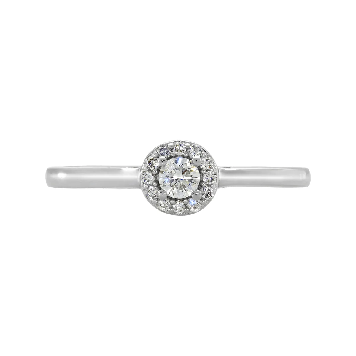 Anillo de compromiso halo redondo, con diamante de laboratorio central redondo de 0.10Ct y decoración en diamantes de laboratorio, en plata ley 925, rodinado, liso - Colección Sueños