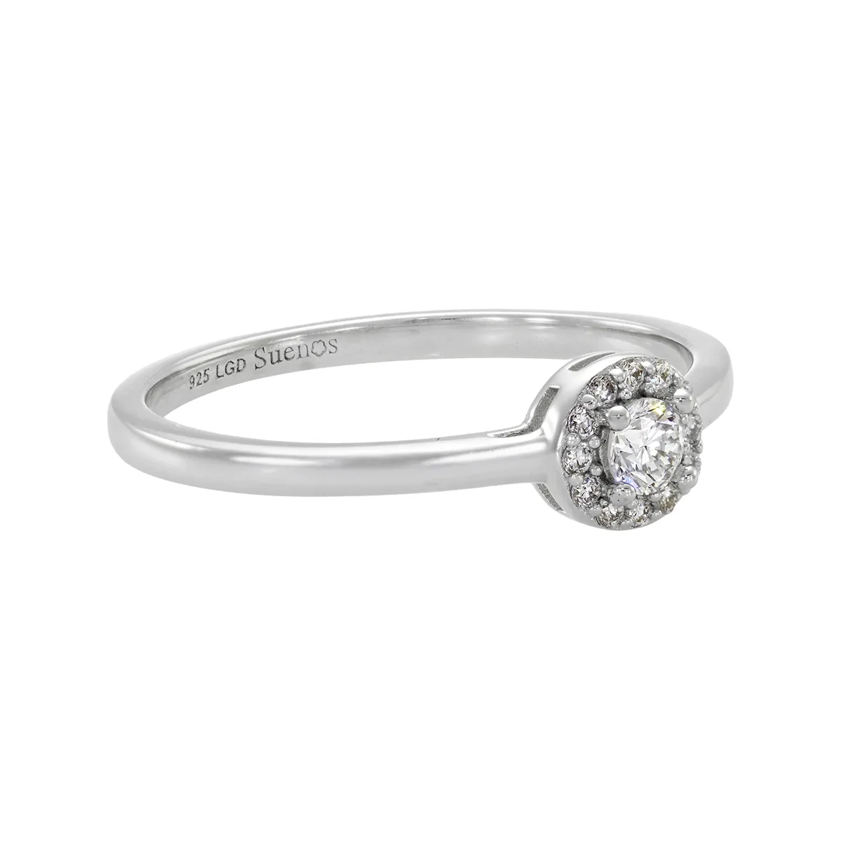 Anillo de compromiso halo redondo, con diamante de laboratorio central redondo de 0.10Ct y decoración en diamantes de laboratorio, en plata ley 925, rodinado, liso - Colección Sueños