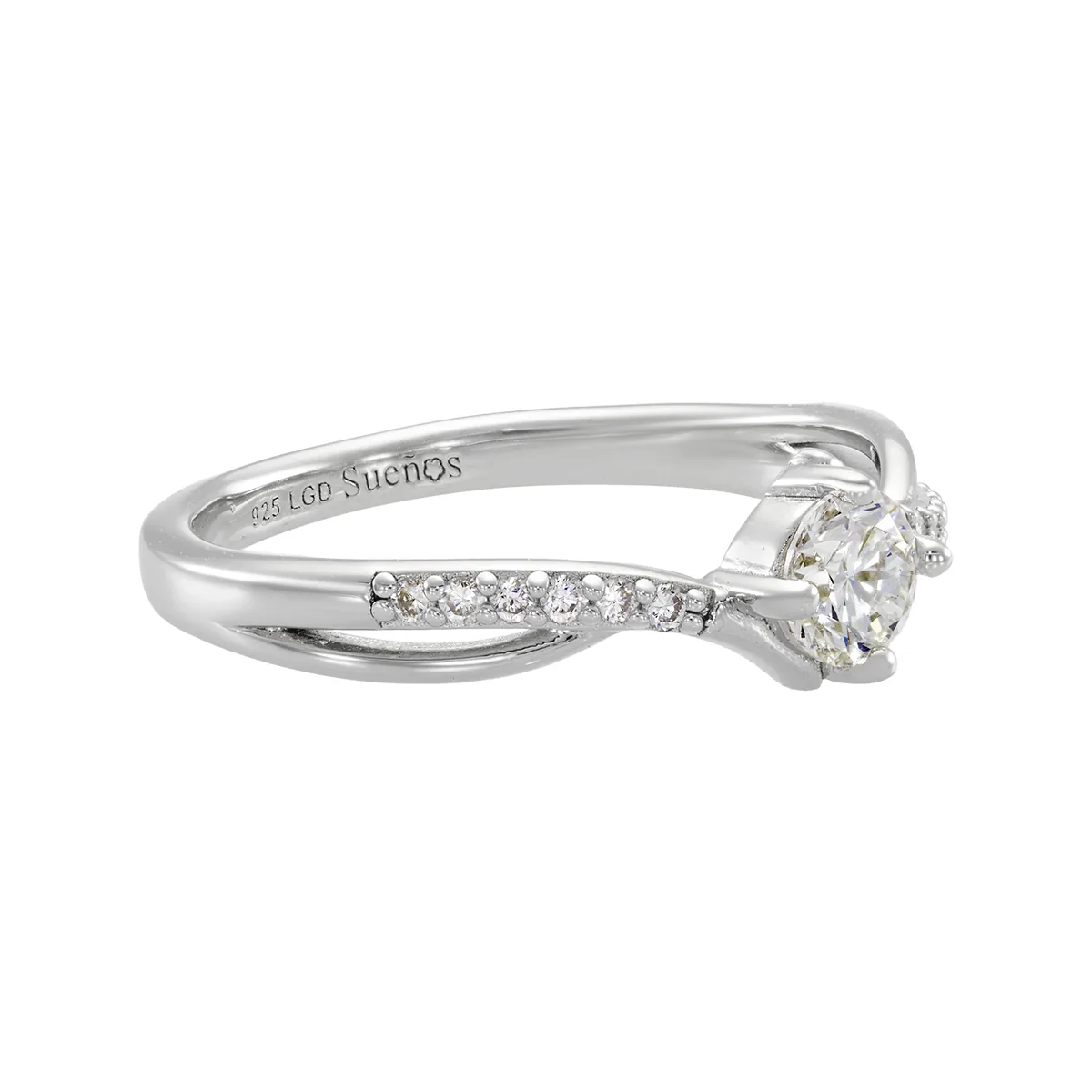 Anillo de compromiso con diamante de laboratorio central redondo de 0.25Ct y decoración en diamantes de laboratorio, en plata ley 925, rodinado - Colección Sueños