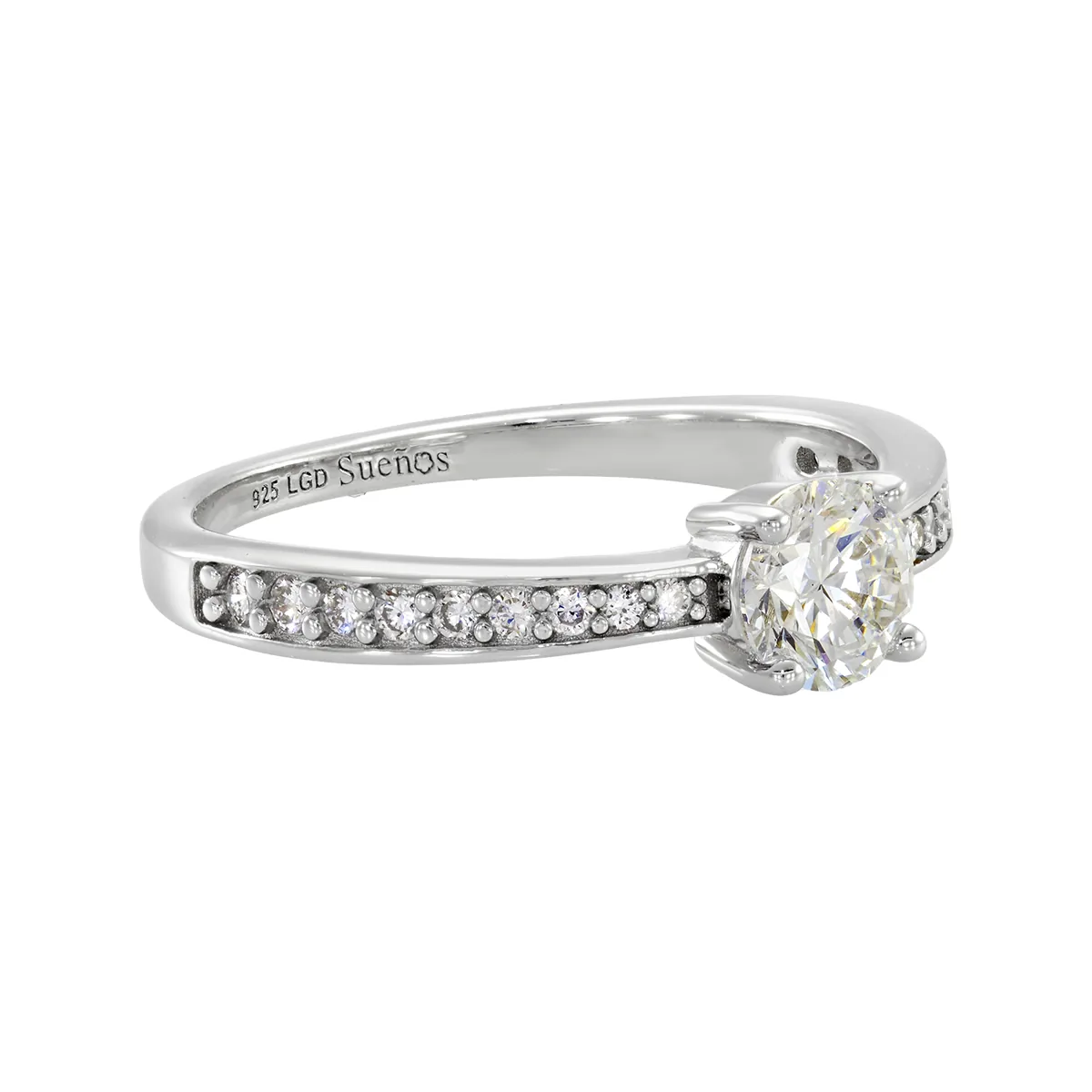 Anillo de compromiso con diamante de laboratorio central redondo de 0.50Ct y decoración en diamantes de laboratorio, en plata ley 925, rodinado - Colección Sueños