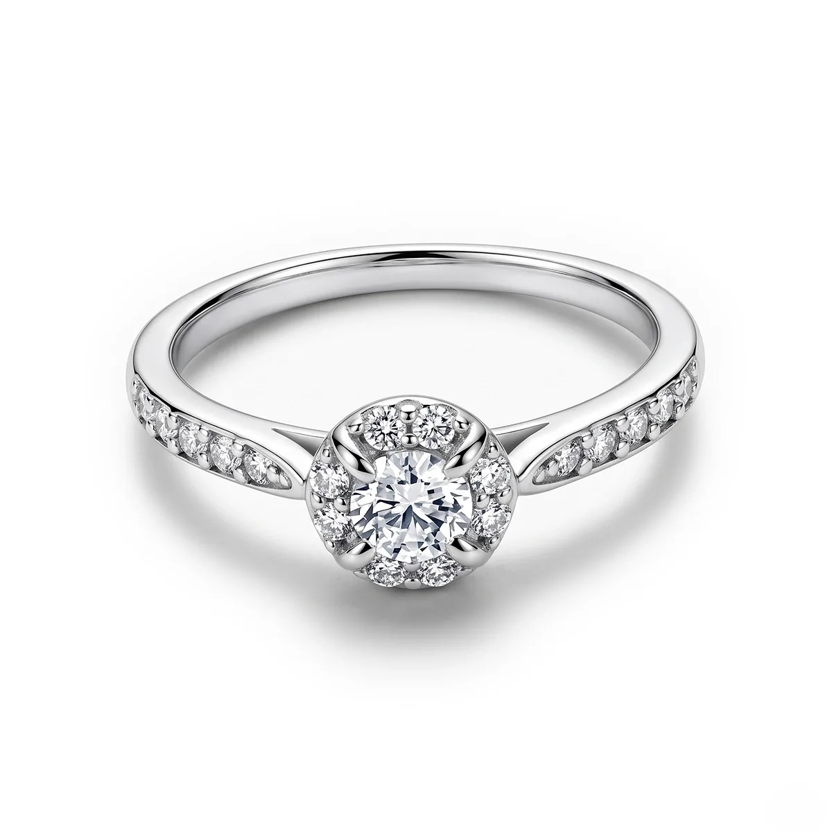 Anillo de compromiso halo redondo, con diamante de laboratorio central redondo de 0.15Ct y decoración en diamantes de laboratorio, en plata ley 925, rodinado - Colección Sueños