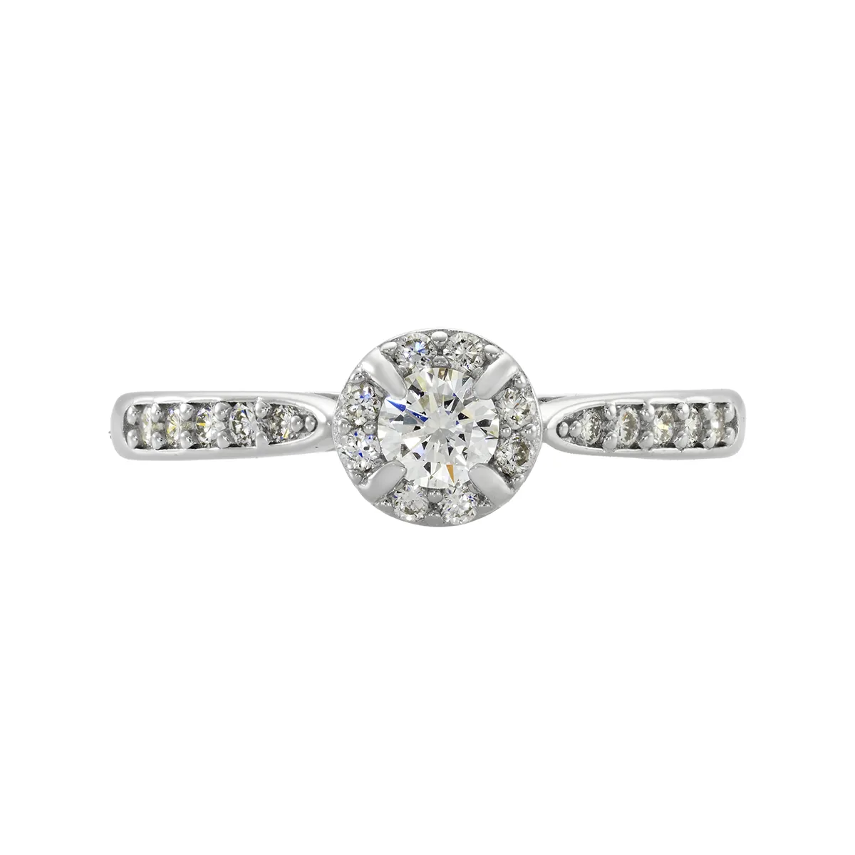 Anillo de compromiso halo redondo, con diamante de laboratorio central redondo de 0.15Ct y decoración en diamantes de laboratorio, en plata ley 925, rodinado - Colección Sueños