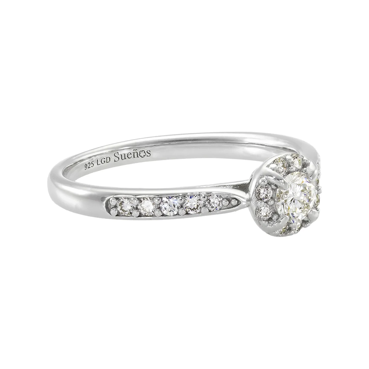 Anillo de compromiso halo redondo, con diamante de laboratorio central redondo de 0.15Ct y decoración en diamantes de laboratorio, en plata ley 925, rodinado - Colección Sueños