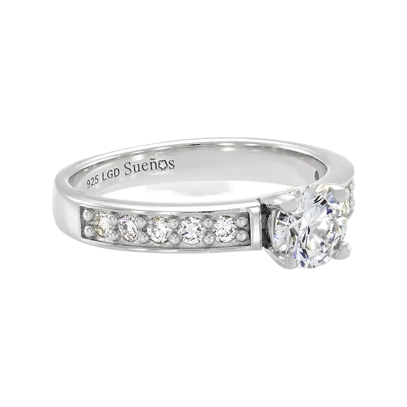 Anillo de compromiso con diamante de laboratorio central redondo de 0.50Ct y decoración en diamantes de laboratorio, en plata ley 925, rodinado - Colección Sueños