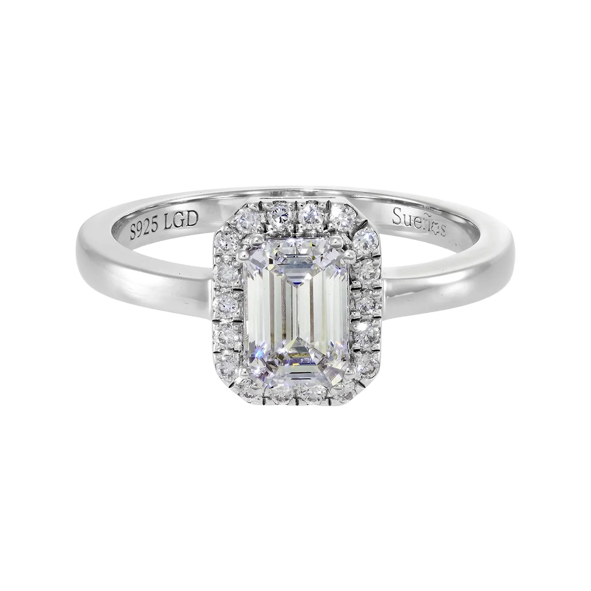 Anillo de compromiso halo rectangular, con diamante de laboratorio central corte esmeralda de 1.00Ct y decoración en diamantes de laboratorio, en plata ley 925, rodinado - Colección Sueños