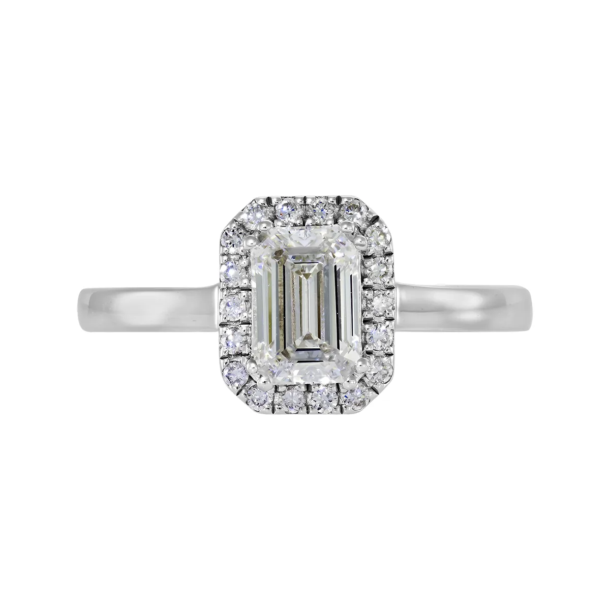 Anillo de compromiso halo rectangular, con diamante de laboratorio central corte esmeralda de 1.00Ct y decoración en diamantes de laboratorio, en plata ley 925, rodinado - Colección Sueños