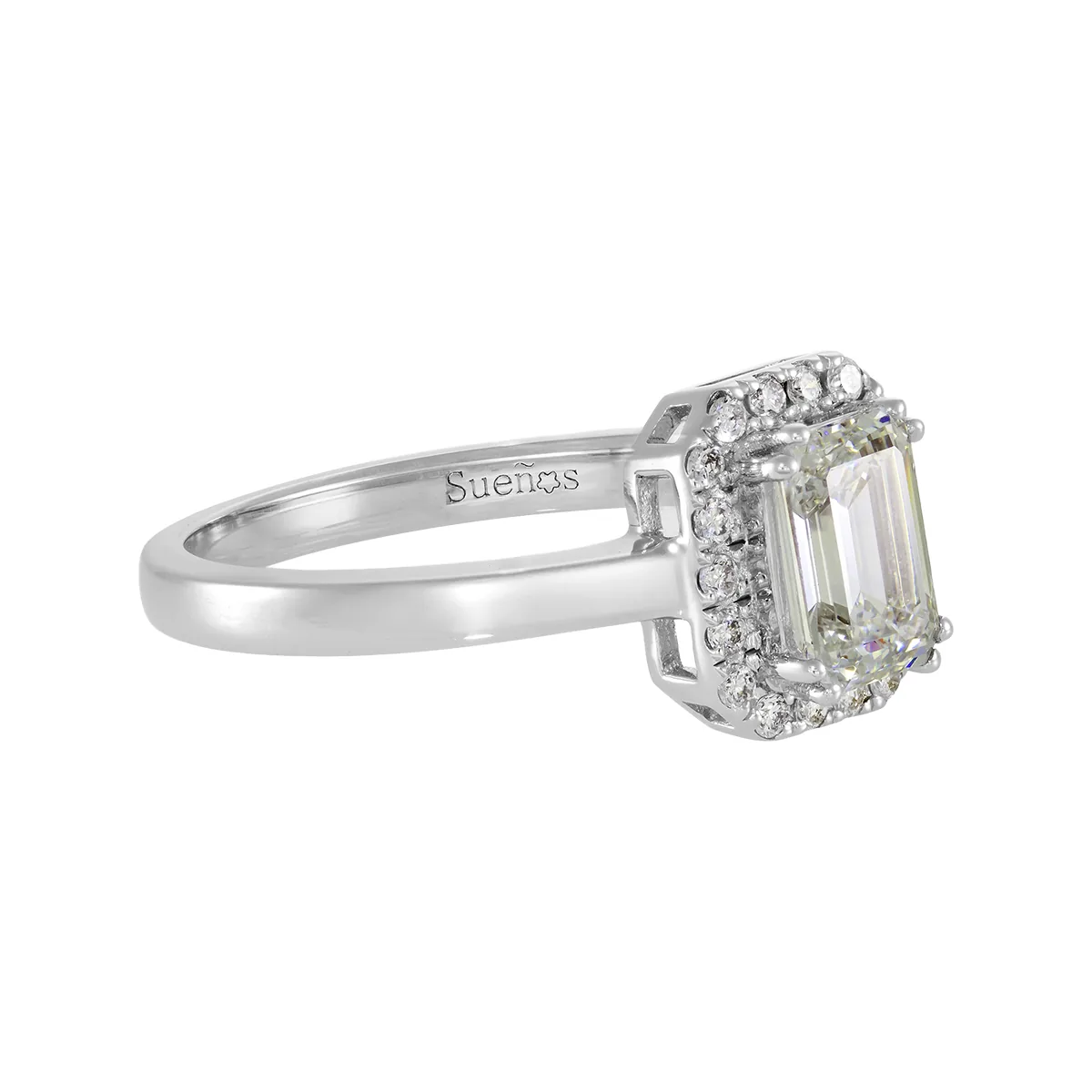 Anillo de compromiso halo rectangular, con diamante de laboratorio central corte esmeralda de 1.00Ct y decoración en diamantes de laboratorio, en plata ley 925, rodinado - Colección Sueños