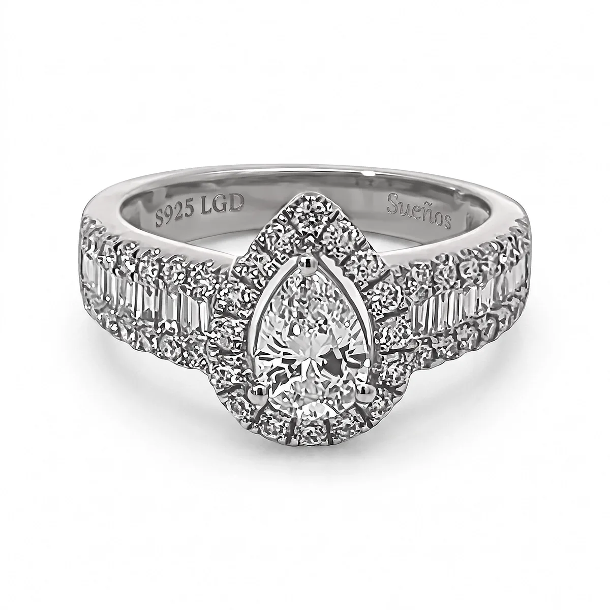 Anillo de compromiso halo pera, con diamante de laboratorio central pera de 0.50Ct y decoración en diamantes de laboratorio, en plata ley 925, rodinado - Colección Sueños