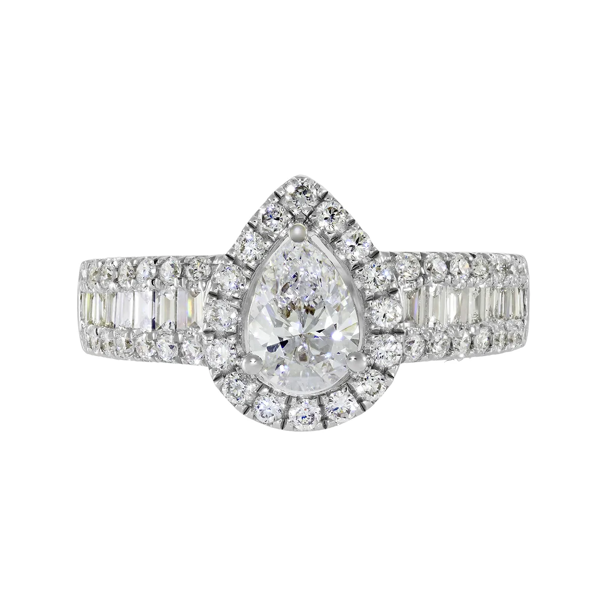 Anillo de compromiso halo pera, con diamante de laboratorio central pera de 0.50Ct y decoración en diamantes de laboratorio, en plata ley 925, rodinado - Colección Sueños