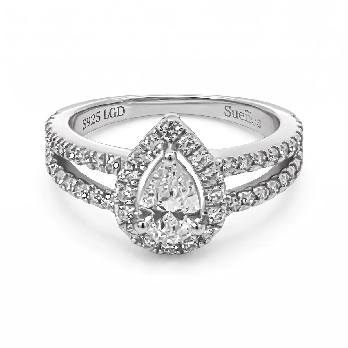 Anillo de compromiso halo pera, con diamante de laboratorio central pera de 0.50Ct y decoración en diamantes de laboratorio, en plata ley 925, rodinado - Colección Sueños