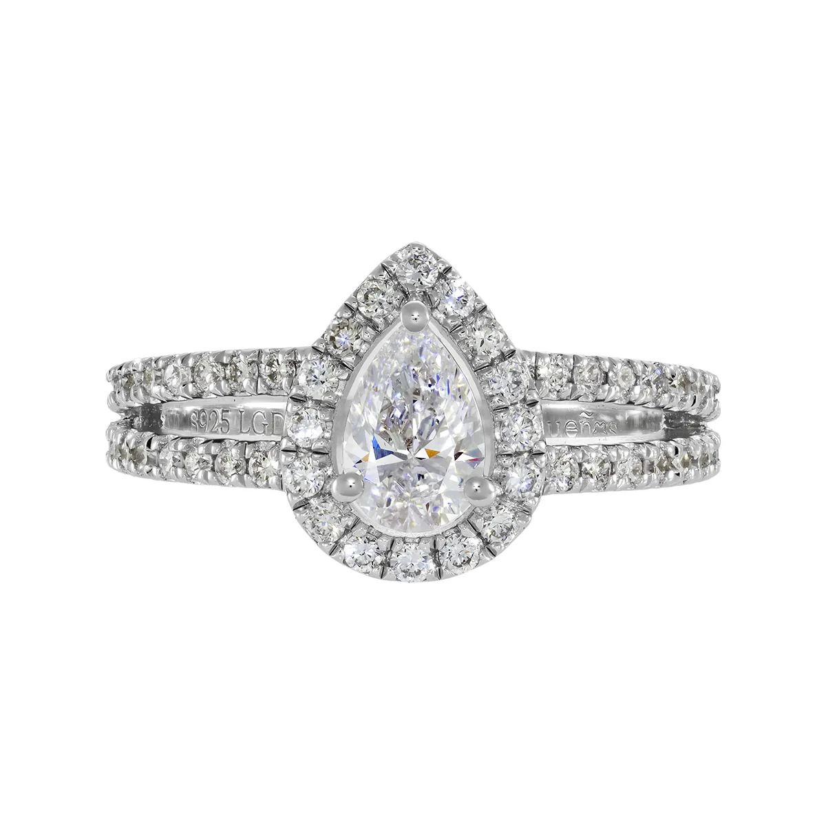 Anillo de compromiso halo pera, con diamante de laboratorio central pera de 0.50Ct y decoración en diamantes de laboratorio, en plata ley 925, rodinado - Colección Sueños