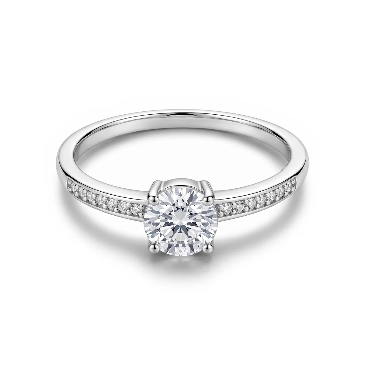 Anillo de compromiso con diamante de laboratorio central redondo de 0.50Ct y decoración en diamantes de laboratorio, en plata ley 925, rodinado - Colección Sueños