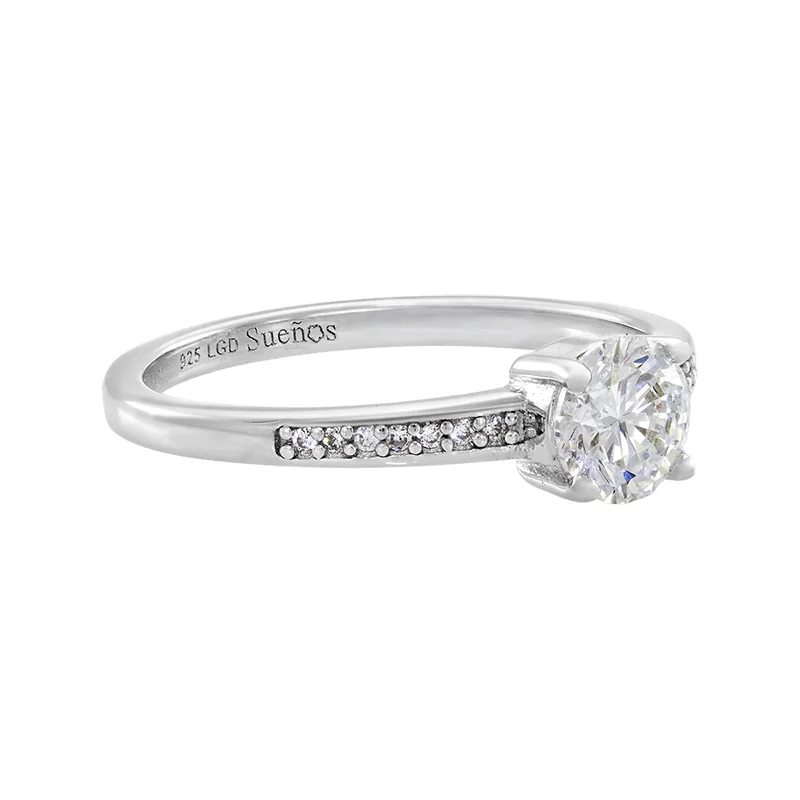 Anillo de compromiso con diamante de laboratorio central redondo de 0.50Ct y decoración en diamantes de laboratorio, en plata ley 925, rodinado - Colección Sueños
