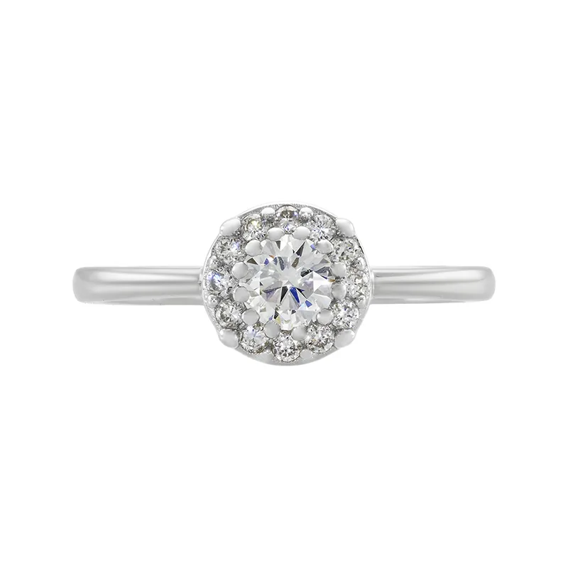 Anillo de compromiso halo redondo, con diamante de laboratorio central redondo de 0.15Ct y decoración en diamantes de laboratorio, en plata ley 925, rodinado, liso - Colección Sueños