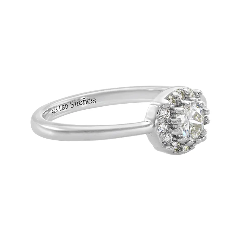 Anillo de compromiso halo redondo, con diamante de laboratorio central redondo de 0.15Ct y decoración en diamantes de laboratorio, en plata ley 925, rodinado, liso - Colección Sueños