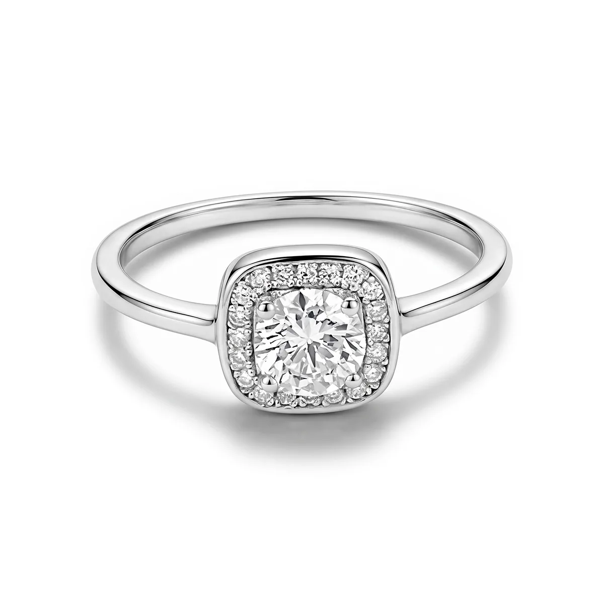 Anillo de compromiso halo cuadrado, con diamante de laboratorio central redondo de 0.50Ct y decoración en diamantes de laboratorio, en plata ley 925, rodinado - Colección Sueños