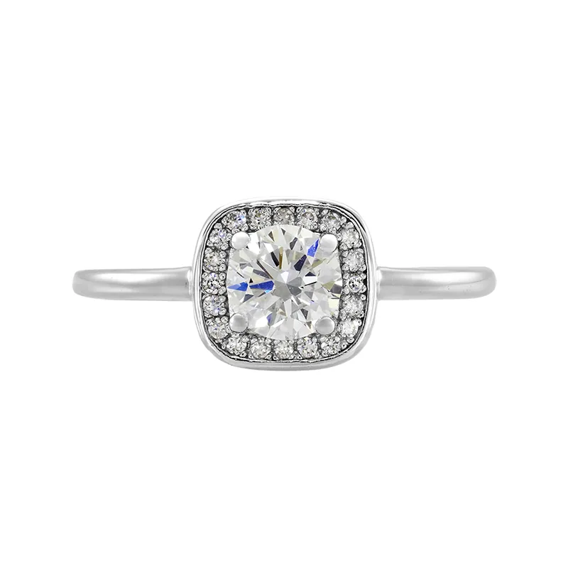 Anillo de compromiso halo cuadrado, con diamante de laboratorio central redondo de 0.50Ct y decoración en diamantes de laboratorio, en plata ley 925, rodinado - Colección Sueños
