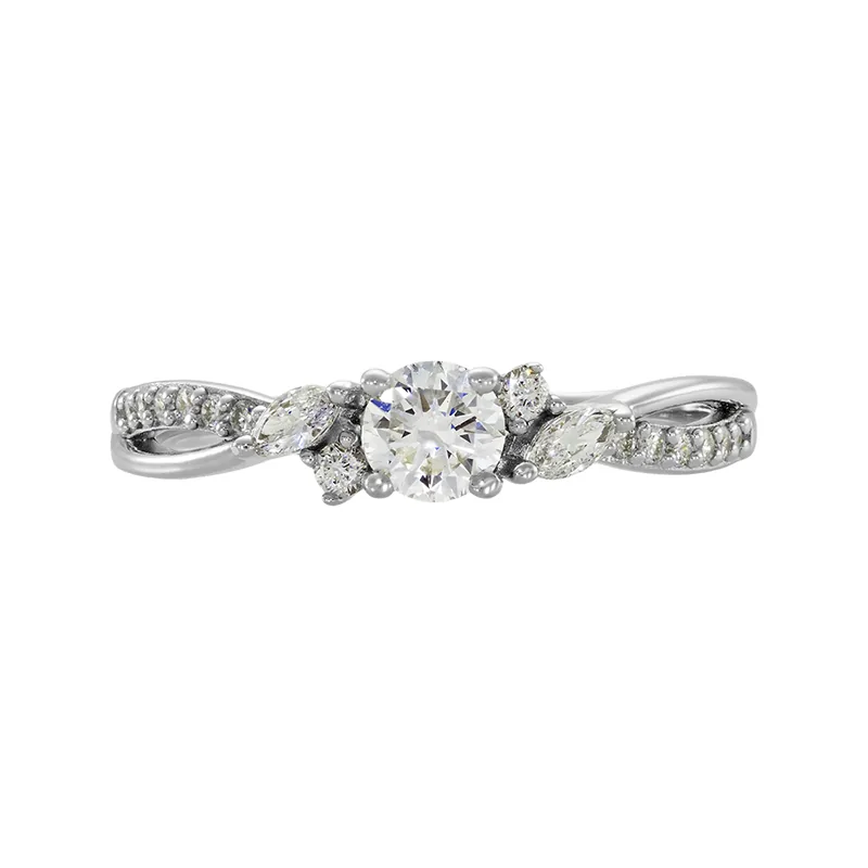 Anillo de compromiso con diamante de laboratorio central redondo de 0.30Ct y decoración en diamantes de laboratorio, en plata ley 925, rodinado, liso - Colección Sueños