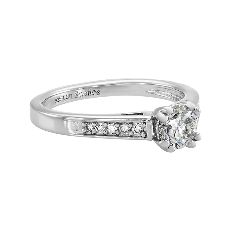 Anillo de compromiso con diamante de laboratorio central redondo de 0.50Ct y decoración en diamantes de laboratorio, en plata ley 925, rodinado - Colección Sueños