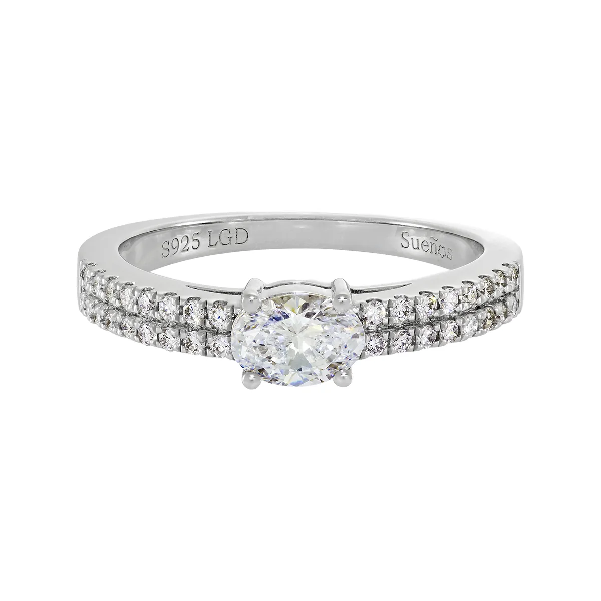 Anillo de compromiso con diamante de laboratorio central óvalo de 0.50Ct y decoración en diamantes de laboratorio, en plata ley 925, rodinado - Colección Sueños
