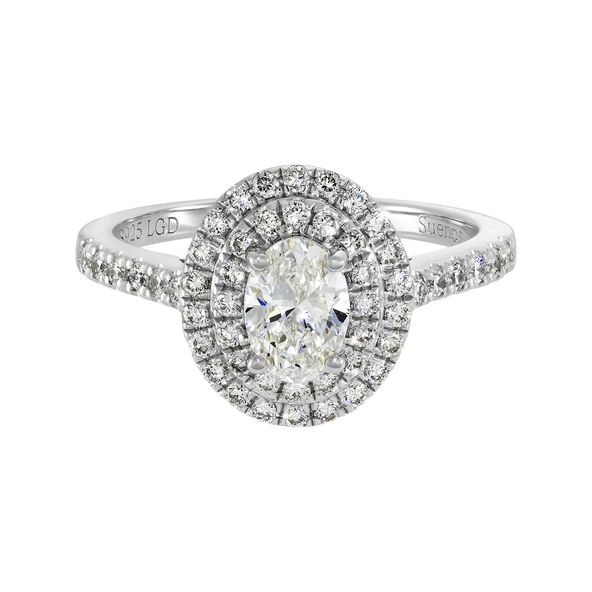 Anillo de compromiso halo doble, con diamante de laboratorio central óvalo de 0.50Ct y decoración en diamantes de laboratorio, en plata ley 925, rodinado - Colección Sueños