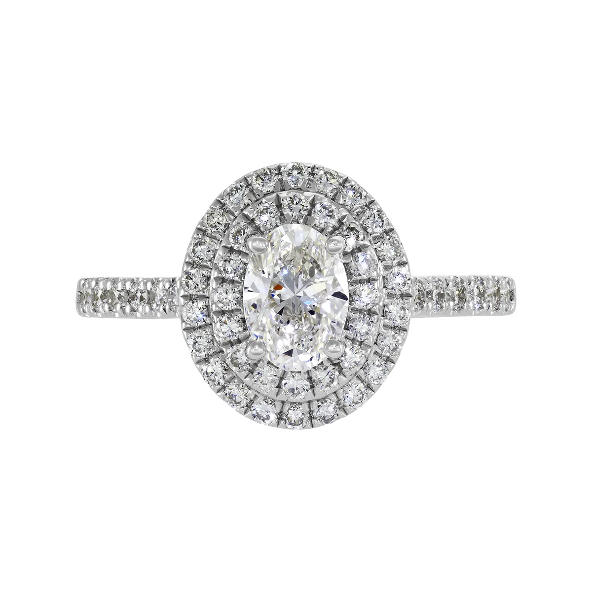 Anillo de compromiso halo doble, con diamante de laboratorio central óvalo de 0.50Ct y decoración en diamantes de laboratorio, en plata ley 925, rodinado - Colección Sueños