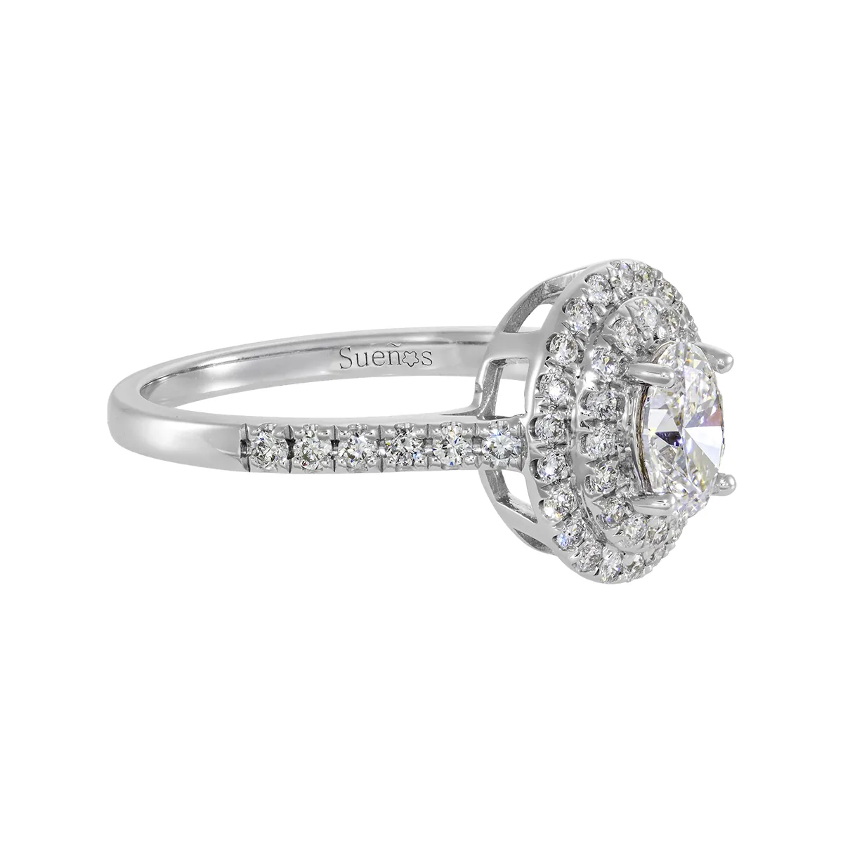 Anillo de compromiso halo doble, con diamante de laboratorio central óvalo de 0.50Ct y decoración en diamantes de laboratorio, en plata ley 925, rodinado - Colección Sueños